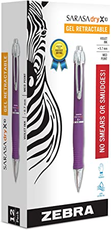 Zebra Pen X10 Retractable Gel Pen, Medium Point, 0.7mm, Violet Barrel, Acid Free Violet Ink, 12 Pack (Packaging may vary), Purple, Model:42680