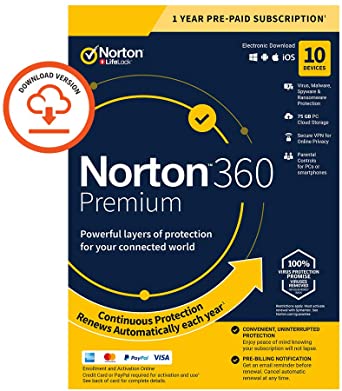 Norton 360 Premium 2020, Antivirus software for 10 Devices and 1-year subscription with automatic renewal, Includes Secure VPN and Password Manager, PC/Mac/iOS/Android, Activation Code by email