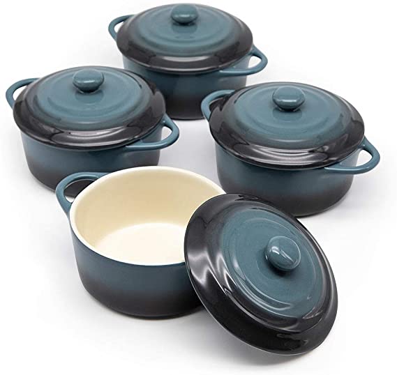 12oz Mini Cocotte, by Kook, Casserole Dish, Ceramic Make, Easy to Lift Lid, Gray, Set of 4,