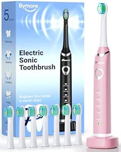 Bymore Electric Toothbrush for Adults,Travel Sonic Toothbrush with 8 Replacement Heads, Ultra Clean Rechargeable Toothbrush Portable Electric Toothbrush-Pink