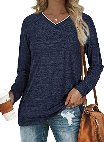 Womens Long Sleeve Sweatshirts Color Block V Neck Sweaters Tunic Tops