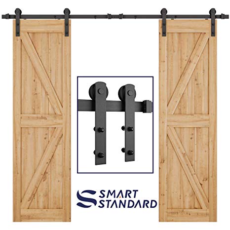 SMARTSTANDARD 8ft Heavy Duty Double Door Sliding Barn Door Hardware Kit - Smoothly and Quietly -Easy to install - Includes Step-By-Step Installation Instruction Fit 24" Wide Door Panel(I Shape Hanger)