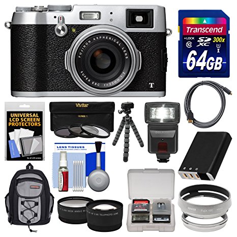 Fujifilm X100T Digital Camera (Silver) with 64GB Card   Backpack   Flash   Battery   Tripod   Tele/Wide Lenses Kit