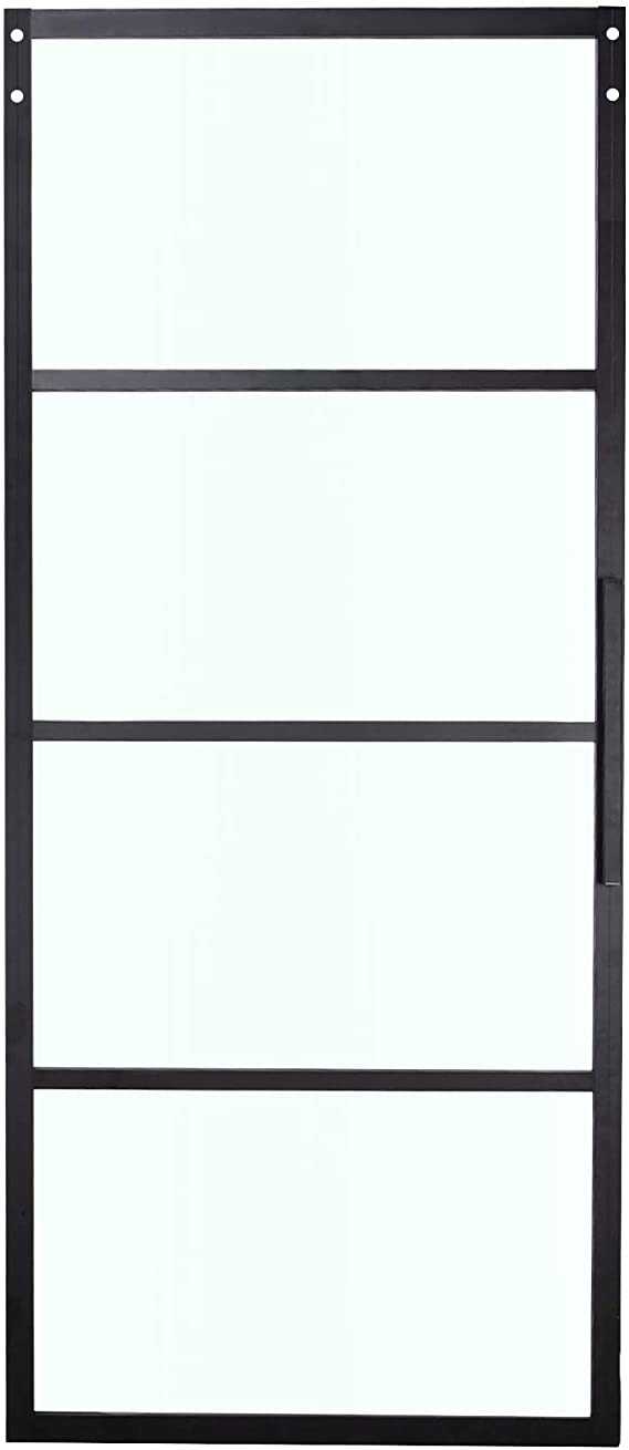 BELLEZE 36in x 84in Modern Cottage French Barn Door Panel Clear Tempered Glass Aluminum Pre Drilled Frame, Black