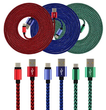 UNISAME [Pack of 3Pcs] 10Ft Rugged Bold Braided USB Type-C 3.1 to USB 2.0 A Data Charging Cable Reversible Connector Charger Cord for LG G5, Nokia N1, Nexus 6P 5X, HTC 10, Oneplus 2 and More