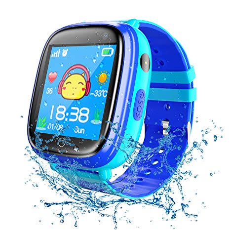 Smart Watch for Kids Waterproof Smartwatch with GPS Tracker Function -IP67 Waterproof- SOS Alarm Clock Flashlight Camera with Phone Christmas Birthday Gift for Children (Blue)