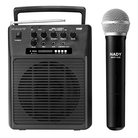 Nady WA-120BT HT Wireless Portable compact P.A full-range speaker system with built-in amplifier, BLUETOOTH, mp3 player, mixer, handheld wireless microphone with rechargeable battery