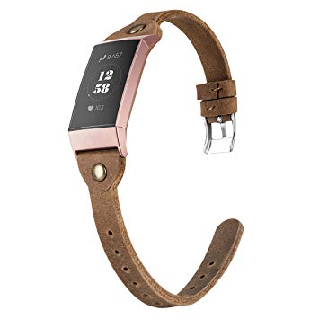 Wearlizer Compatible with Fitbit Charge 3 Bands for Women Leather Slim Thin Leather Charge 3 hr SE Special Edition Rose Gold Band Accessories Strap