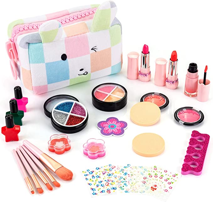 EFOSHM Makeup Toys for Girls- 27 Pieces Washable Kids Makeup kit- Safe & Non-Toxic Beauty Set for Christmas Birthday Party- Comes with Cute Rabbit Cosmetic Bag