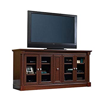 Pemberly Row Entertainment Credenza with Cord Management, for TV's up to 70", 2 Door Options Included (Glass or Wood), Cherry Finish