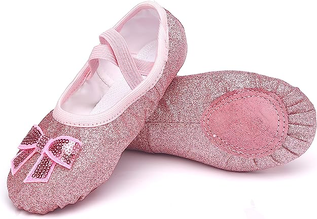 Girls Ballet Shoes Glitter Split-Sole Dance Slippers Toddler Kid Practice Shoes Flats Soft Lightweight with Elastic Laces for Performance Gymnastics Yoga