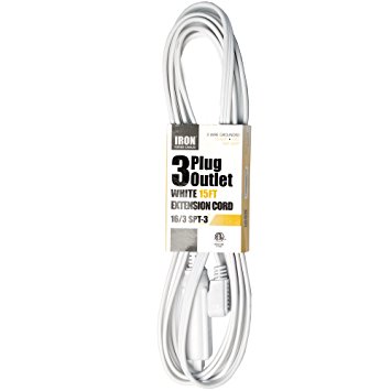 15 Ft Extension Cord with 3 Electrical Power Outlet - 16/3 Heavy Duty White Cable