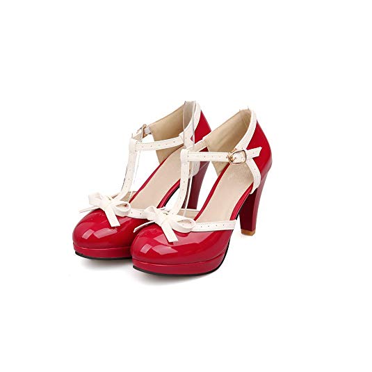 Lucksender Fashion T Strap Bows Womens Platform High Heel Pumps Shoes