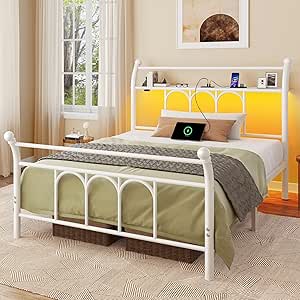 Rolanstar Twin Bed Frame with USB Charging Station, LED Bed Frame with Storage Headboard, 14 Inch White Metal Platform Bed with Sleigh Headboard and Footboard, No Box Spring Needed, Noise Free