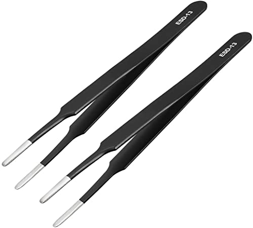 uxcell ESD-13 Tweezers, Anti-Static Stainless Steel Non-magnetic Blunt Tip for Craft Jewelry Electronics, 4.8" Overall Length 3 Pcs