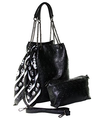 Womens Skull Chain Hobo Tote Bag Lash Package Handbag Set (Black)