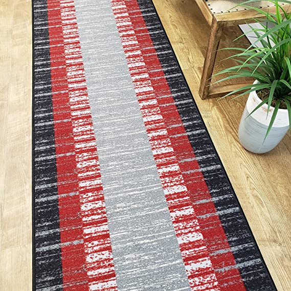 Runner Rug 2x7 Red Border Stripe Kitchen Rugs and mats | Rubber Backed Non Skid Living Room Bathroom Nursery Home Decor Under Door Entryway Floor Non Slip Washable | Made in Europe
