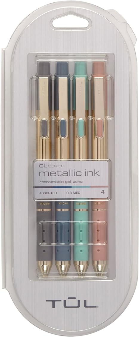 TUL® GL Series Retractable Gel Pens, Medium Point, 0.8 mm, Assorted Barrel Colors With Gold Block, Assorted Metallic Inks, Pack Of 4 Pens