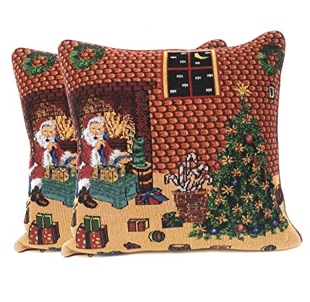 Tache Festive Holiday Last Minute Christmas Eve Preparations Santa's Gifts Christmas Woven Tapestry Cushion Throw Pillow Cover, 2 Piece 16 x 16"