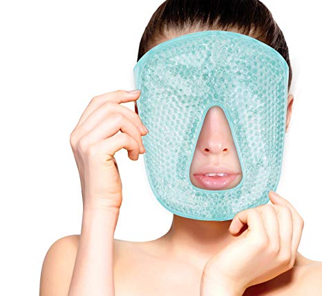 Hot and Cold Therapy Gel Bead Full Facial Mask by FOMI Care | Ice Face Mask for Migraine Headache, Stress Relief | Reduces Eye Puffiness, Dark Circles | Fabric Back (Full Face w/o Eye Holes)