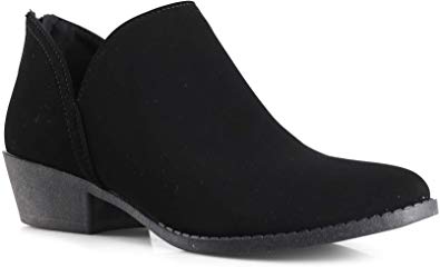 Women's Madeline Western Almond Round Toe Slip on Bootie - Low Stack Heel - Zip Up - Casual Ankle Boot