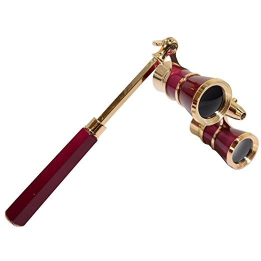 HQRP 3 x 25 Opera Glasses / Theatre Glass Binocular w/ Crystal Clear Optic (CCO) Burgundy with Gold Trim w/ Built-In Extendable Handle