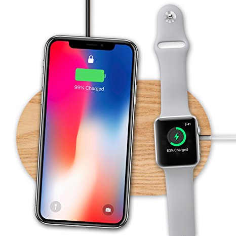 Fast Wireless Charger & Apple Watch Stand, Himino Wood Qi Wireless Charging Pad for Apple iPhone X/ iPhone 8/8 Plus, Samsung Galaxy Note 8/ S8 / S8  and All Qi-Enabled Device (Wood)