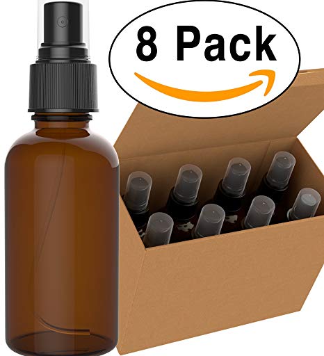 8 Pack Amber Spray Bottles 2oz - [THE PERFECT SPRAY] - Empty Glass Bottles For Cleaning Solutions - Best Refillable MIST SPRAY Pack Perfume Atomizer [2oz]