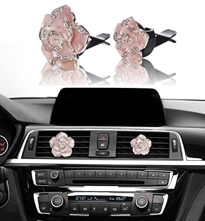 Car Bling Decoration, Mini-Factory Bling Car Interior Accessories Air Vent Sparkle Rhinestone Diamond Clip - Pink Flowers (1 Pair)