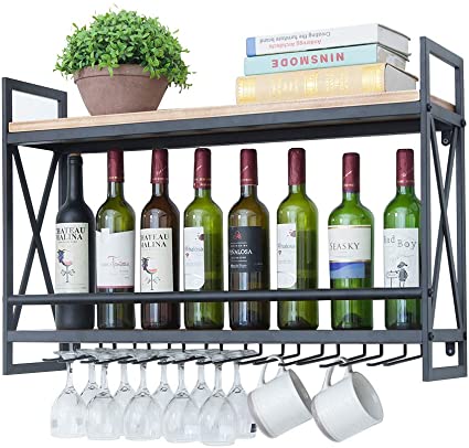 Industrial Wine Racks Wall Mounted with 8 Stem Glass Holder,31.5in Rustic Metal Hanging Wine Holder Wine Accessories,2-Tiers Wall Mount Bottle Holder Glass Rack,Wood Shelves Wall Shelf