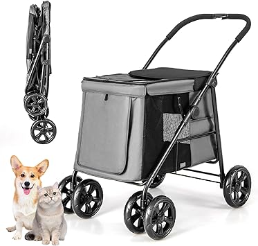 COSTWAY Pet Stroller, One-Button Folding Dog Pushchair Cat Buggy with 3 Entrances, Storage Pockets, Safety Strap, 4 Wheels Pet Travel Carrier for Small & Medium Dogs Cats (Gray)