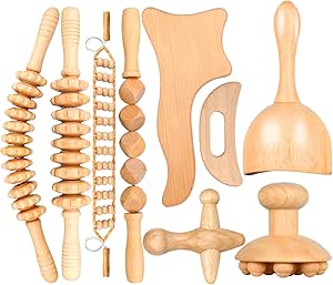 Maderoterapia 9 en 1 Outils de massage thérapeutique du bois pour façonner le corps, kit pour le drainage lymphatique anti-cellulite, ensemble de rouleaux de massage incurvés en bois pour jambes et