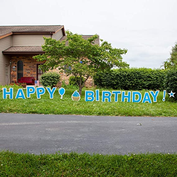 Vispronet Happy Birthday Blue Yard Signs with Stakes – Each Letter is 18in Tall – Includes Bonus Star, Cupcake and Balloon – Weather-Resistant Signs and Steel Stakes