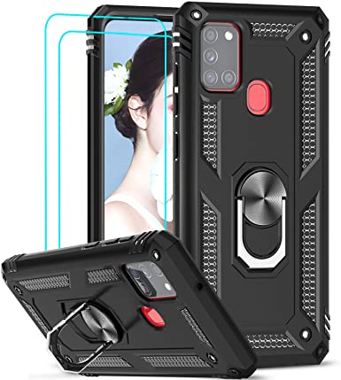 LeYi for Samsung Galaxy A21S Case and 2 Tempered Glass Screen Protector,Ring Holder Military Grade Protective Silicone Shockproof Tough Armor Hard Mobile Phone Cover for Samsung Galaxy A21S Black