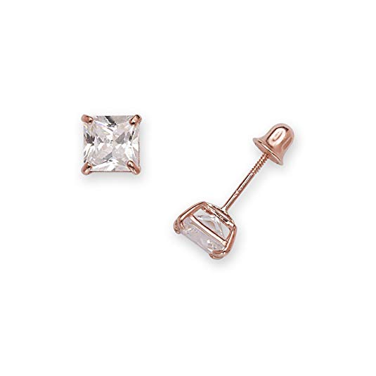 Jewelryweb Solid 14k Rose Gold Princess-cut Square Cubic Zirconia Screw-back Stud Earring (5mm or 6mm)