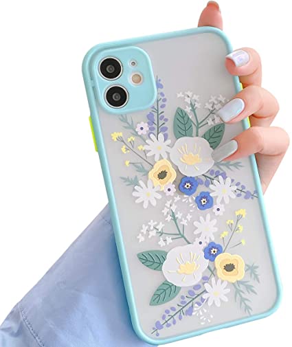 Ownest Compatible with iPhone 12 Mini Case 5.4 Inch for Clear Flowers Pattern Frosted PC Back 3D Floral Girls Woman and Soft TPU Bumper Protective Silicone Slim Case for iPhone 12 Mini-Blue