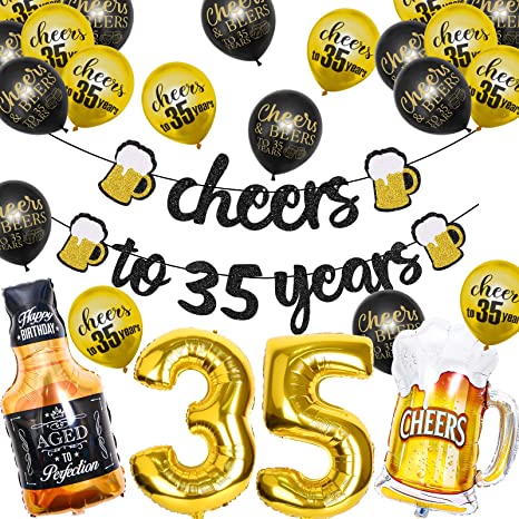 35th Birthday Decorations, 35 Years Anniversary Decorations for Men Women, Cheers to 35 Years Banner, 32 Inch Number 35 Gold Foil Balloon, 35 Sign Latex Balloon, Cheers Cup Foil Balloon for Wedding Anniversary Party Supplies