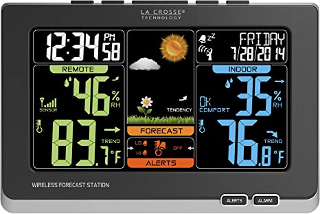 La Crosse Technology (C83349) Wireless Atomic Digital Color Weather Forecast Station with Alerts, 8.34L x 1.03W x 5.48H Inches - Black