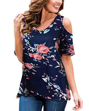 Barlver Women's Casual Tunic Top Short Sleeve Cold Shoulder T-Shirts Floral Print Round Neck Loose Blouse Shirts