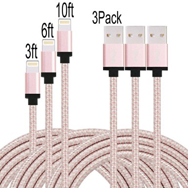 Frieso 3-Pack Nylon Braided Lightning to USB Charging Cable, Rose / White (3Feet, 6Feet, 10Feet)