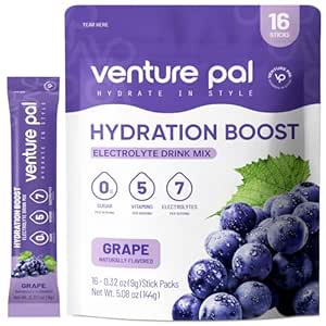 Venture Pal Sugar Free Electrolyte Powder Packets - Liquid Daily IV Drink Mix for Rapid Hydration & Party Recovery | 5 Vitamins & 7 Electrolytes| Keto Friendly | Non-GMO | Certified Vegan | 16 Sticks