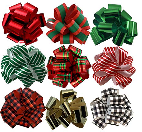 Christmas Gift Wrap Pull Bows - 5" Wide, Set of 9, Metallic Red, Green, Gold, Stripes, Plaid, Buffalo Check, Ribbons for Christmas Presents, Wreaths, Swags, Giftwrapping