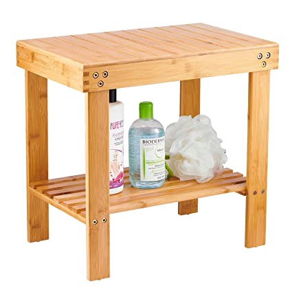 Bamboo Spa Bench Wood Seat Stool Foot Rest Shaving Stool with Non-Slip Feets Storage Shelf for Shampoo Towel,Works in Bathroom/Living Room/Bedroom/Garden Leisure