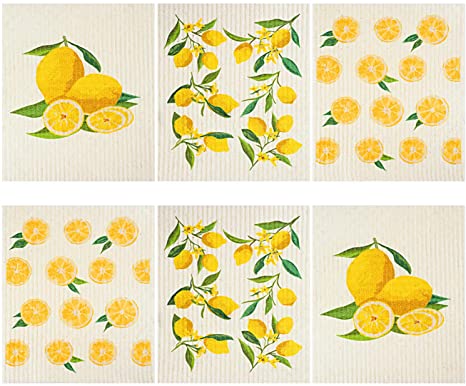 Boao Set of 6 Lemon Swedish Dishcloths Cleaning Cloths Absorbent Cellulose Cloth No Odor Reusable Dish Towel for Kitchen, Hand, Counter Wipes