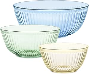 Pyrex Colors (3-Pack) Sculpted Tinted Unlidded Small/Medium/Large Glass Mixing Bowls, Nesting Space Saving Set of Bowls For Prepping and Baking, 1.3QT, 2.3QT & 4.5QT