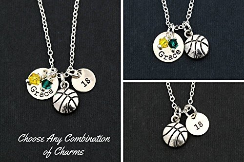 Personalized Silver Basketball Necklace - DII ABC - Team Gift - Handstamped Jewelry - 3/8 1/2 Inch 9MM 12MM Discs - Choose Crystal Colors - Customize Name & Number - Fast 1 Day Shipping