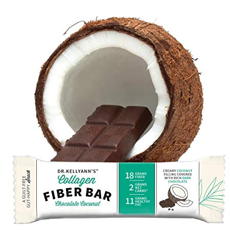 Collagen Fiber Bar - Chocolate Coconut (12 Count), 2g net of Carbs, 18g of Fiber, No Added Sugar, Creamy Coconut Filling Covered in Dark Chocolate