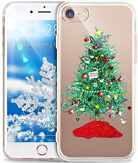 iPhone 8 Case,iPhone 7 Case,ikasus Xmas Christmas Snowflake Serie,Soft Silicone Rubber Bumper Case,Crystal Clear Soft Clear Silicone Back Case Cover for iPhone 8 / iPhone 7,Green Christmas Tree