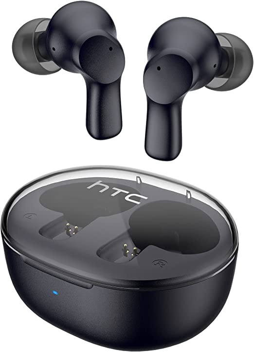 HTC 2022 True Wireless Earbuds 1 Bluetooth 5.3 Stereo Earphones, in Ear Headphone with Transparent Charging Case, 32-Hour Playtime/Built-in Microphone/Touch Control for Calling -Crystal Black