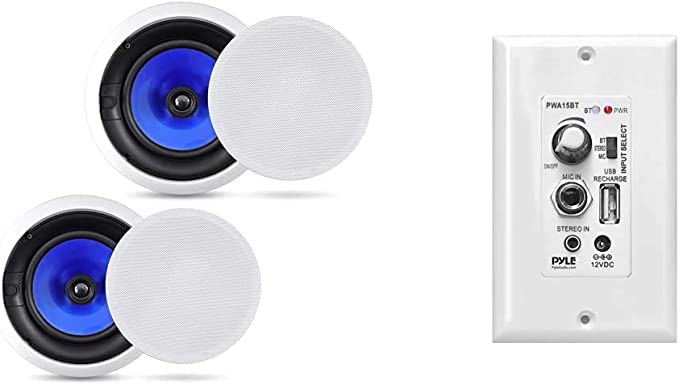 2-Way in-Wall in-Ceiling Speaker System - Pyle PIC8E & Pyle Bluetooth Receiver Wall Mount | in-Wall Audio Control Receiver with Built-in Amplifier | 100 Watt (PWA15BT),White